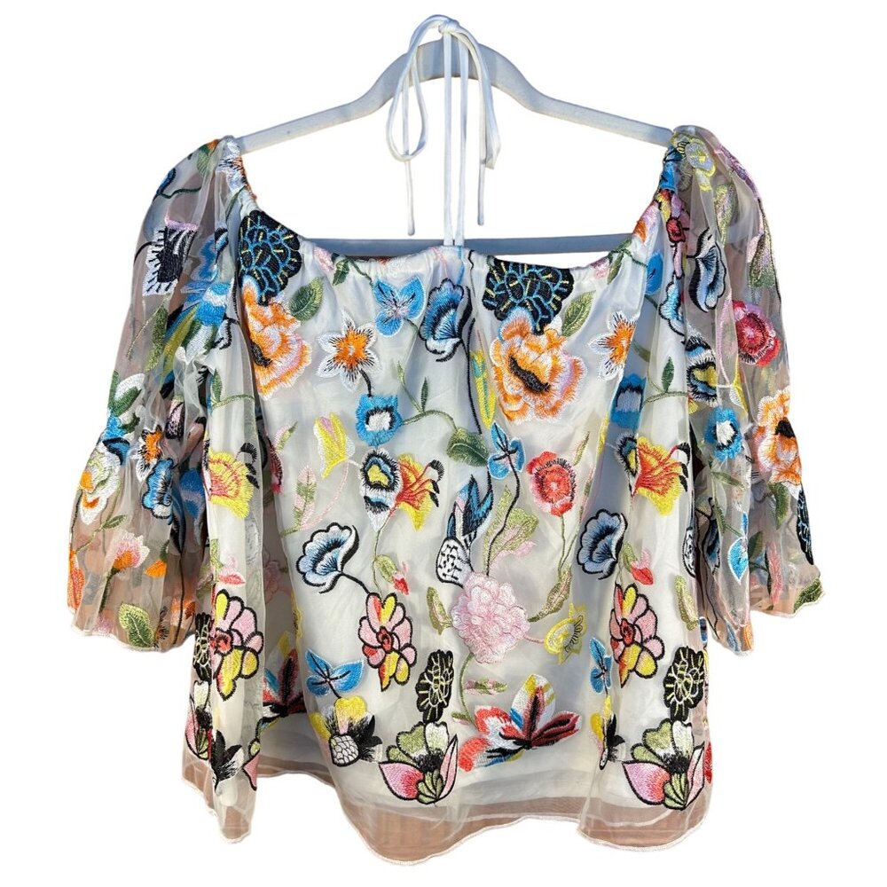 Alexia Admor Large Blouse Floral Embroidered Off The Shoulder Sheer Sleeves